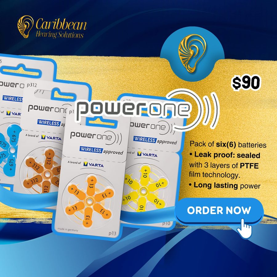 Power One hearing aid battery packs in sizes 675, 312, 13 and 10