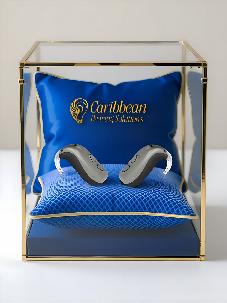Pair of behind-the-ear hearing aids displayed on a blue cushion in a gold-framed glass case